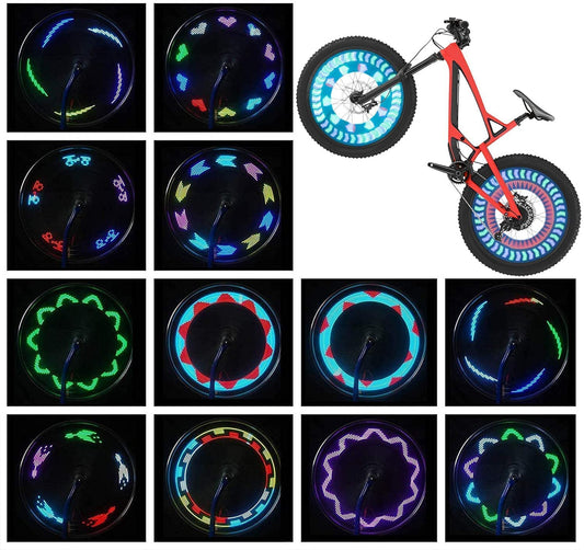 Luces para ruedas de bicicleta (paquete de 2) - Luces LED impermeables para radios de bicicleta, luces de seguridad para neumáticos - Gran regalo para niños y adultos - 30 patrones diferentes de cambio - Accesorios para bicicletas - Negro