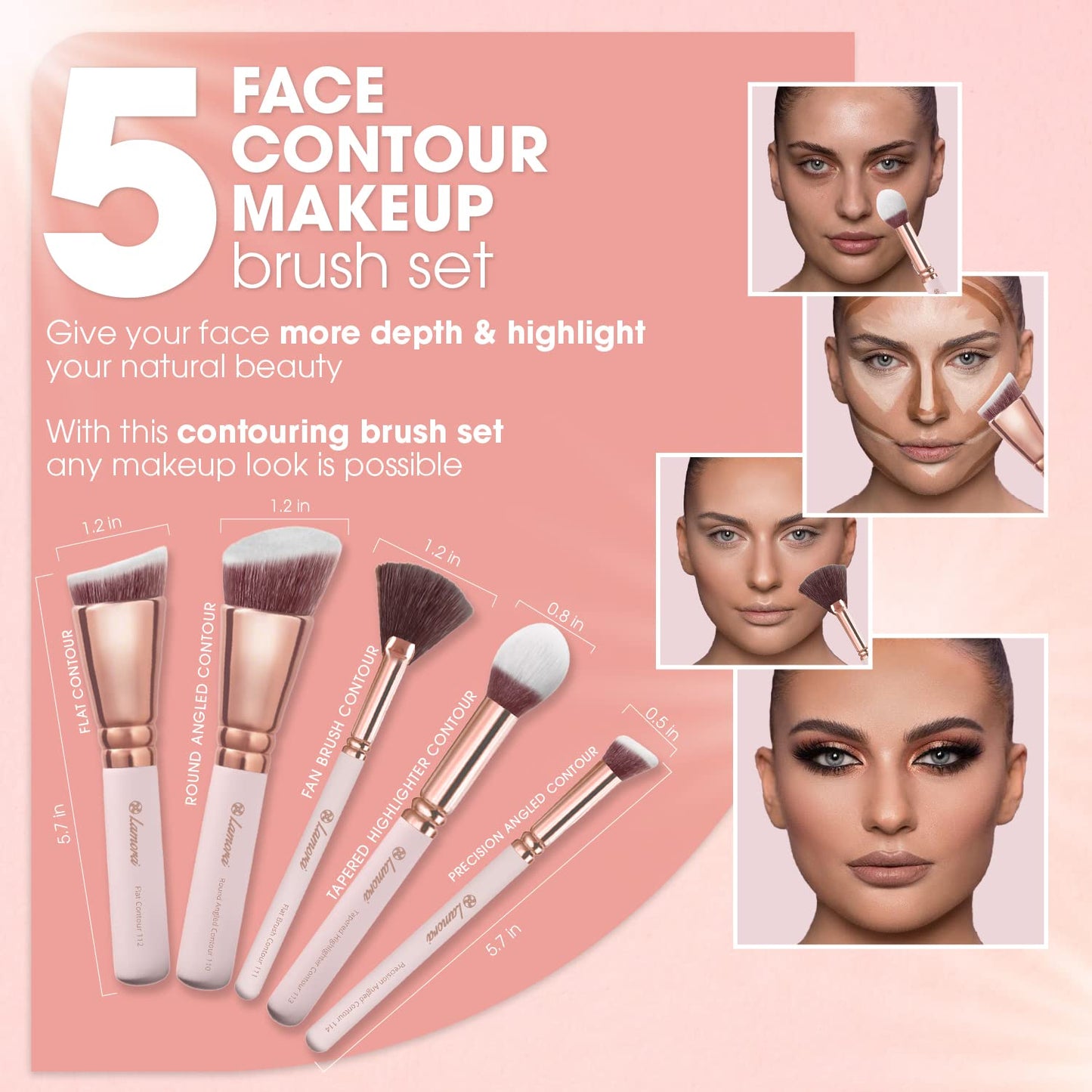 Pro Face Contour Brush Set - Synthetic Contouring Sculpting and Highlighting Kit - Cream Blush Powder Flat Nose Cheek Round Small Angled Fan Tapered Precision Kabuki Foundation Makeup Brushes