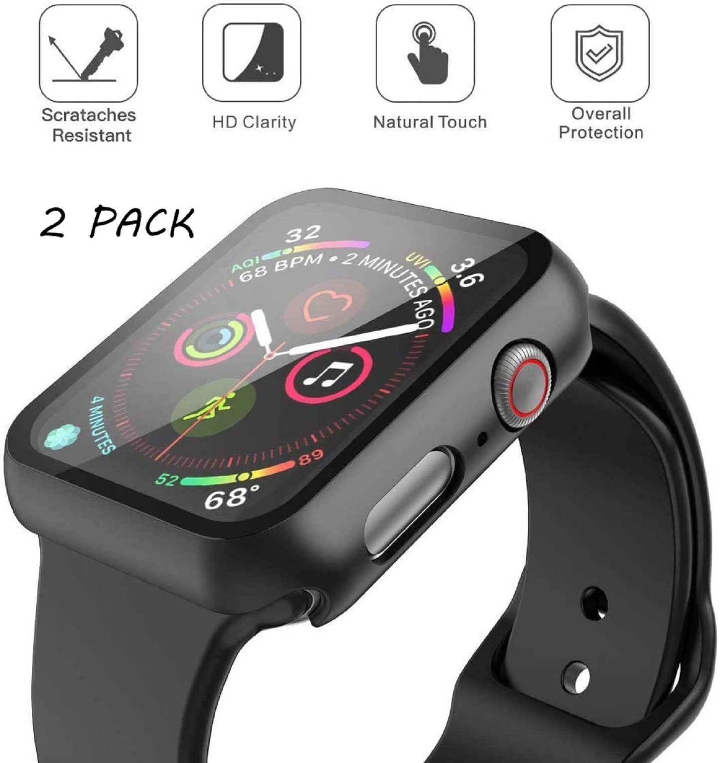 Misxi - Estuche rígido para PC con protector de pantalla de vidrio templado, compatible con Apple Watch SE 2 (2024), SE Series 6, Series 5, Series 4, 44 mm, color negro