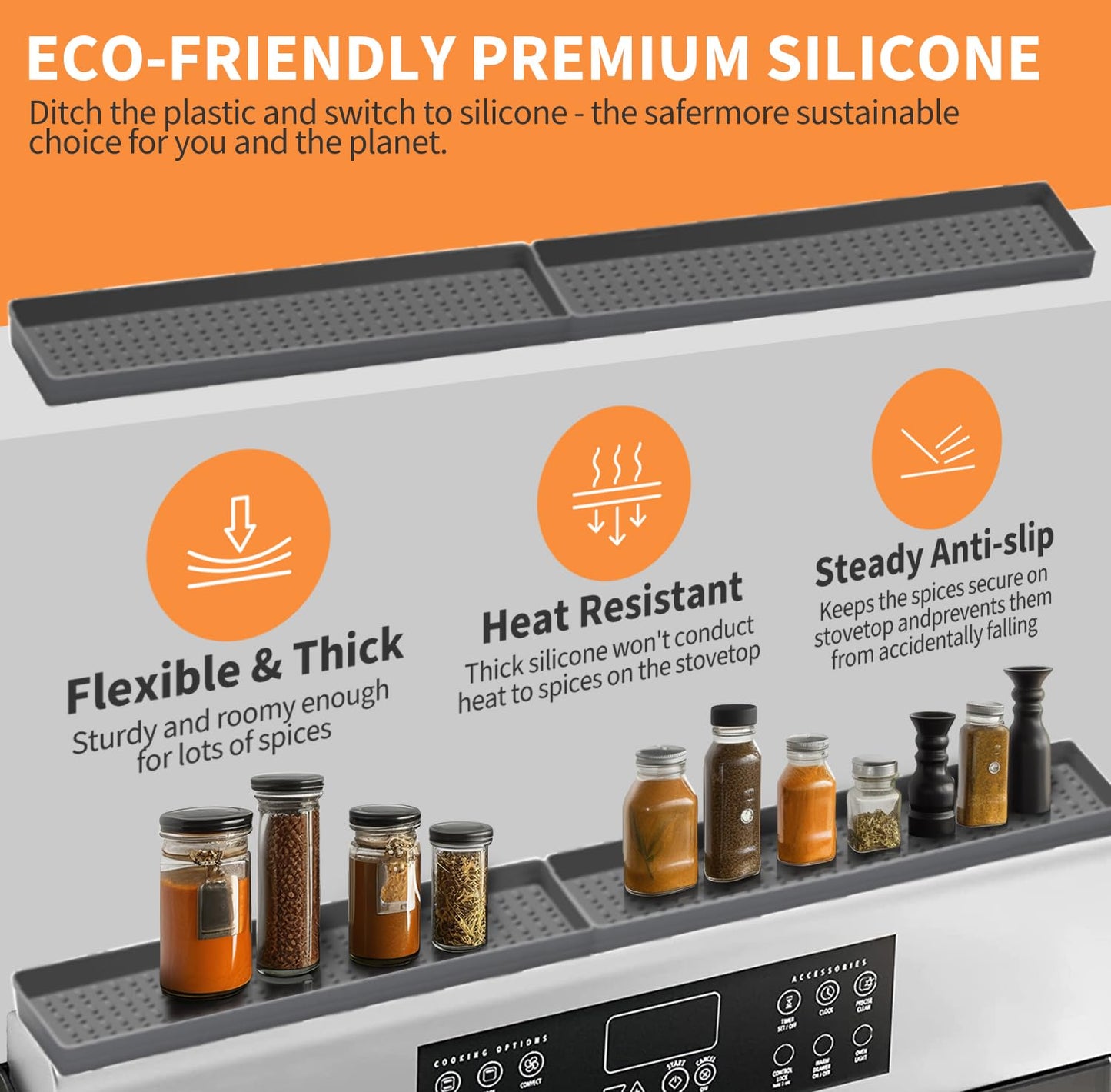 BFONS 30" Magnetic Stove Top Shelf Spice Rack Storage, Silicone Top Heat Material Stove Rack Shelf Flexible Seasoning Organizer Kitchen Shelves Gadgets with 2 Functional Prtitions for Kitchen （Grey）