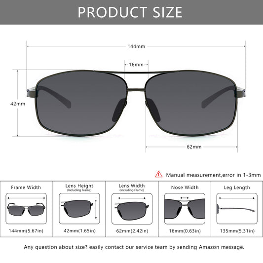 SUNGAIT Ultra Lightweight Rectangular Polarized Sunglasses UV400 Protection (Gunmetal Frame Gray Lens, 62) Metal Frame SGT458 QKH-CA