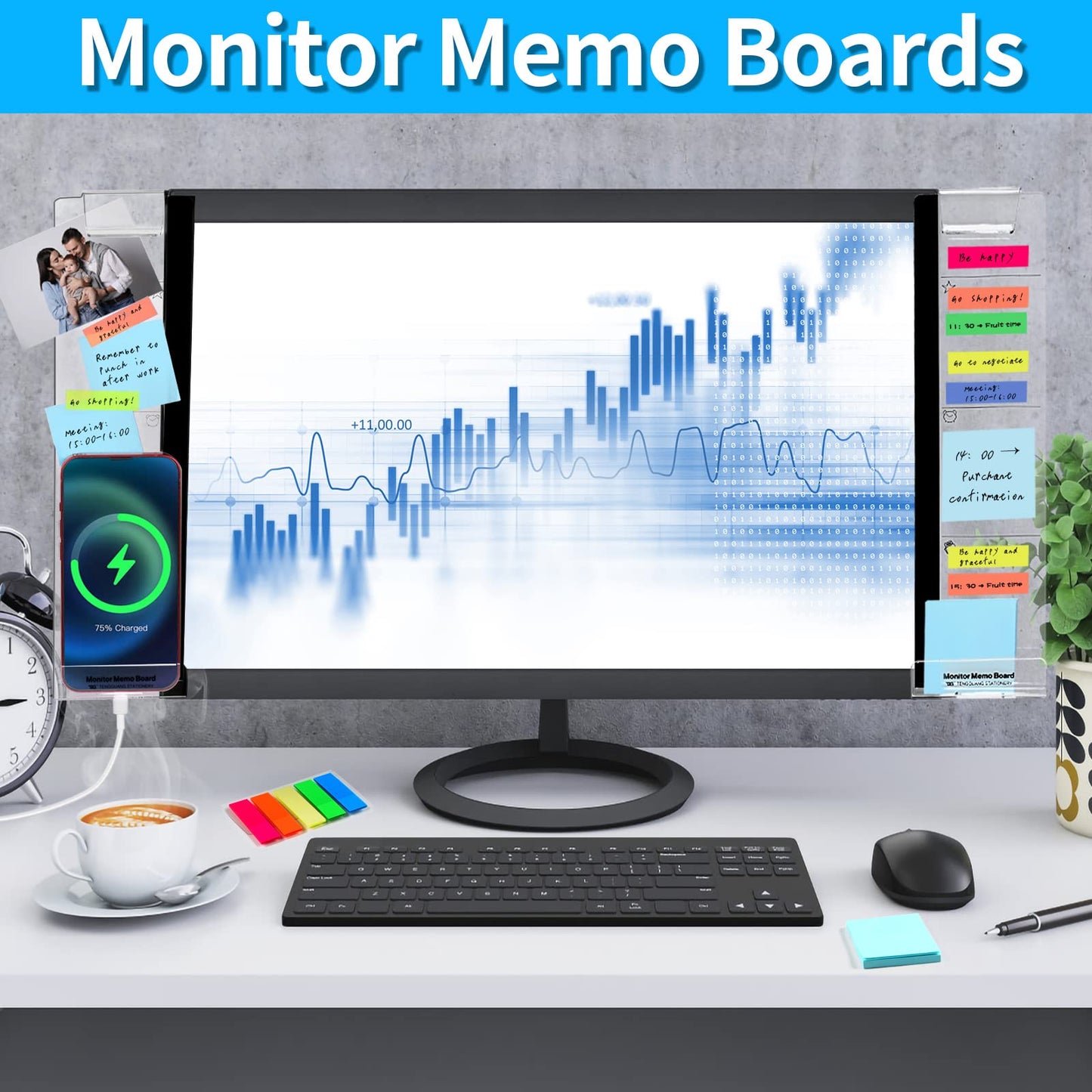 Monitor Memo Board, 2PCS Multifunction Sticky Note Holder for Computer Screen, Acrylic Computer Monitor Memo Board, Office Desk Accessories, Computer Sticky Note Holder with Sticky Notes