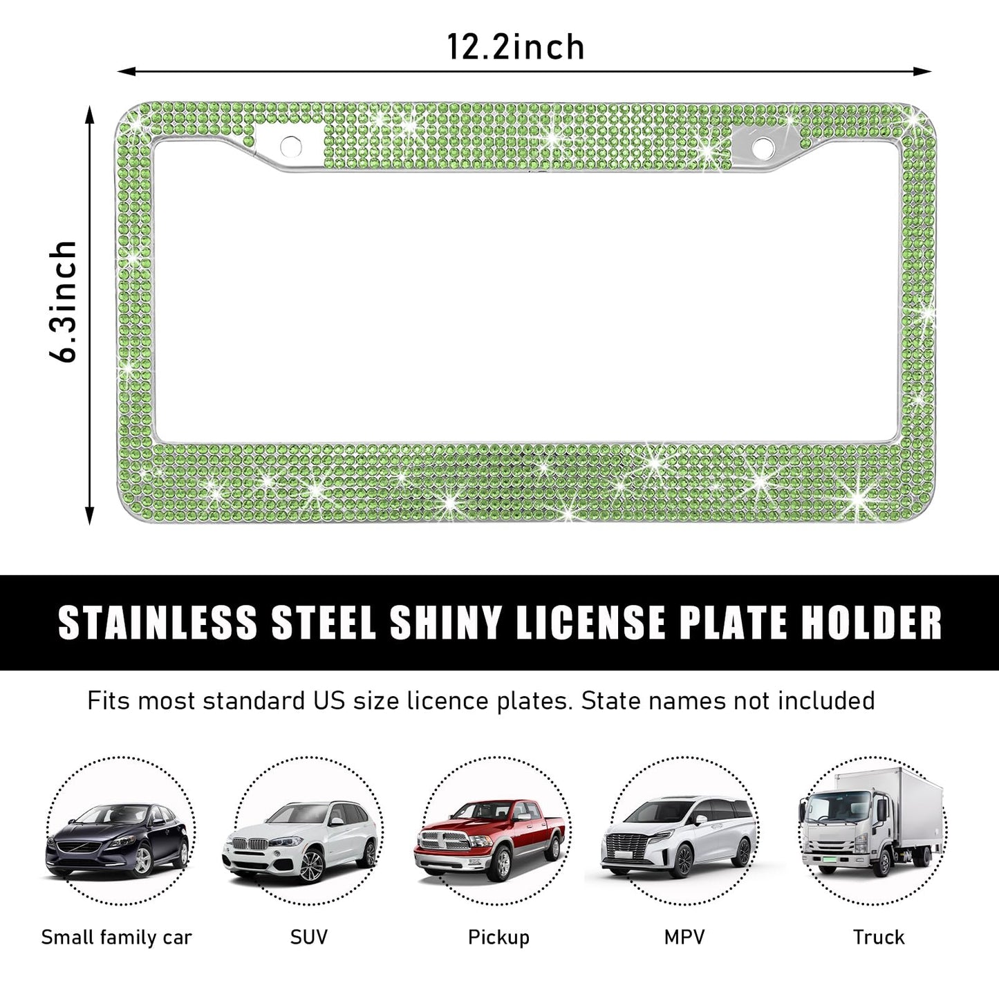 Cadre de plaque d'immatriculation de voiture Ohleats, cadre de plaque d'immatriculation en acier inoxydable étincelant, support de plaque d'immatriculation Bling Diamond pour femmes et hommes, accessoires extérieurs universels pour voiture (vert clair)