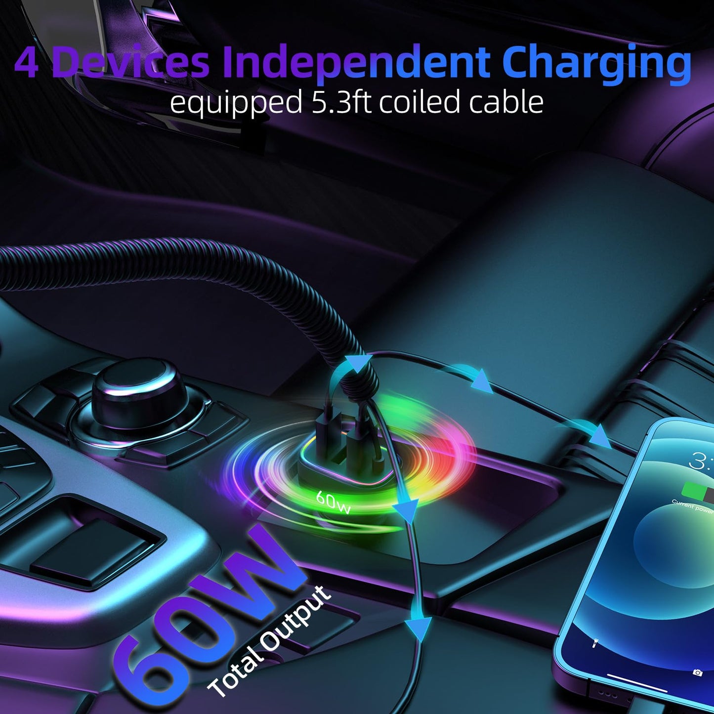 60W 4-Port USB-C & 18W USB-A QC3.0 Fast Charging Car Charger with Colorful Ring LED Light and Coiled Cable for iPhone 16 Pro Max, iPhone 15 Pro Max 14 13 12, Samsung Galaxy S24, Tablets and laptops