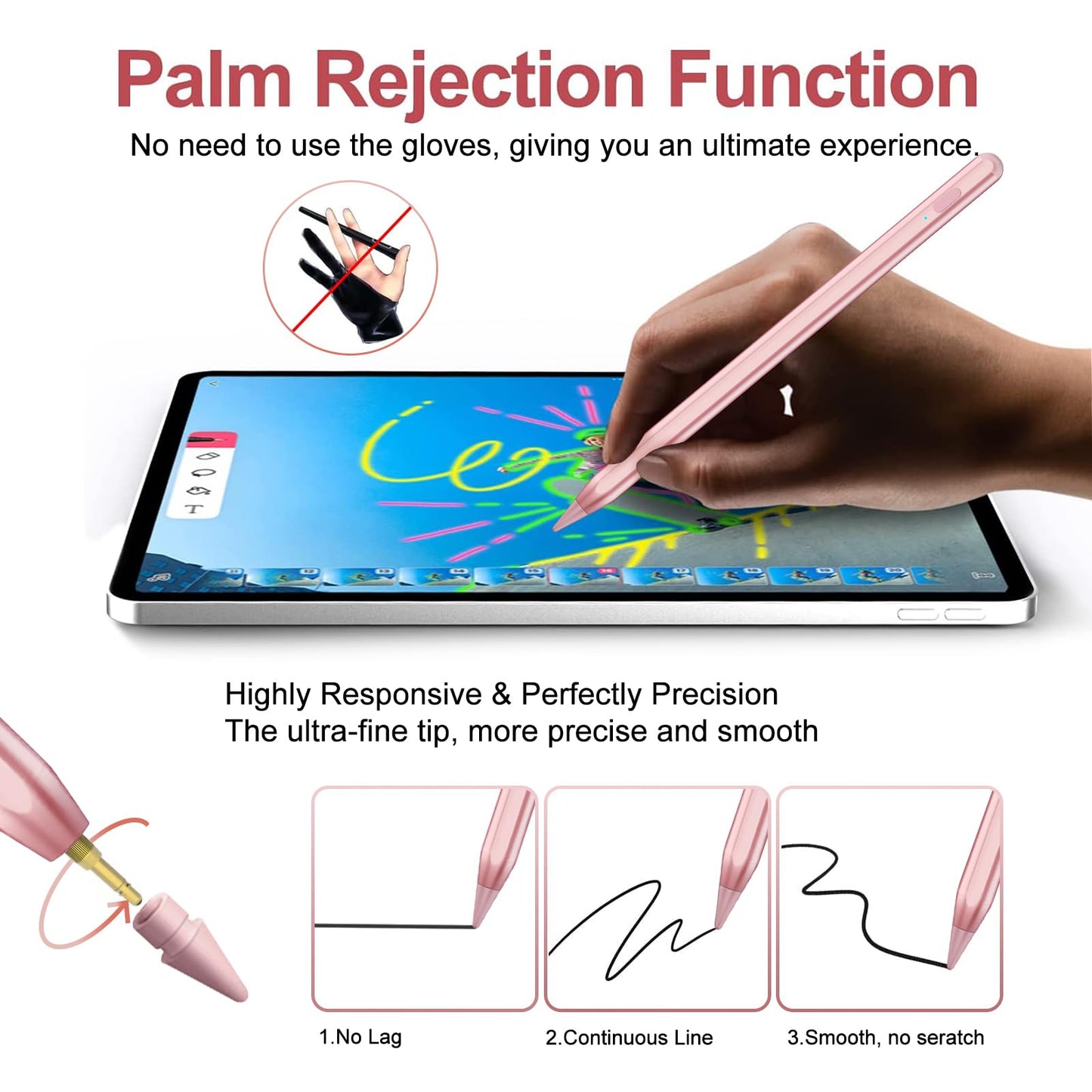 Stylus Pen for iPad 2018-2024 with Palm Rejection, Apple Pencil for Apple iPad 10th/9th/8th/7th/6th Gen, iPad Pro 11/12.9 inch, New iPad Air 2024 11&13-inch(M2) /5th/4th/3th Gen, iPad Mini 6th/5th Gen