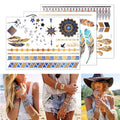 12 Sheets 110+ Metallic Temporary Tattoos for Adult Women Girls Tattoos Gold Silver Glitter Flash Waterproof Tattoo Stickers for Beach, Festivals, & Parties