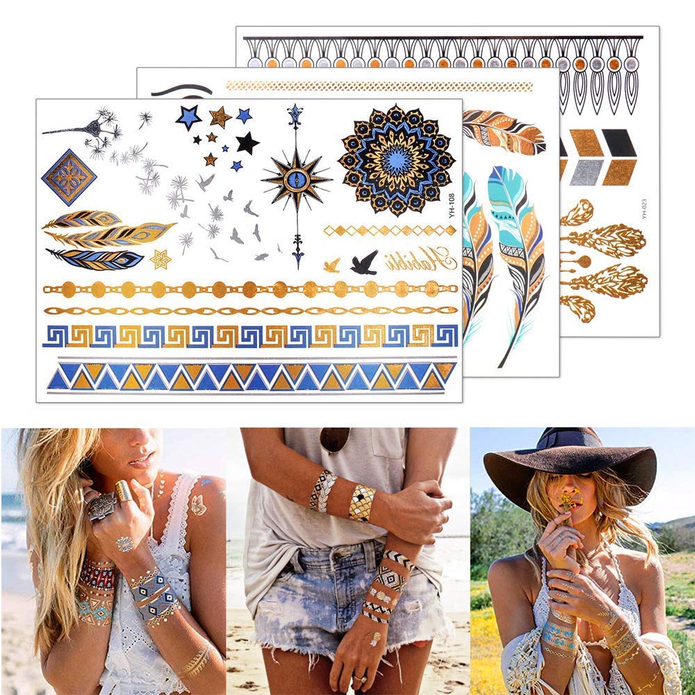 12 Sheets 110+ Metallic Temporary Tattoos for Adult Women Girls Tattoos Gold Silver Glitter Flash Waterproof Tattoo Stickers for Beach, Festivals, & Parties