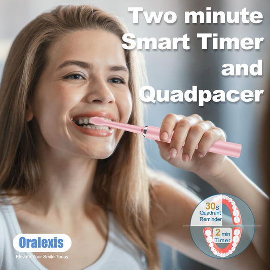 ORALEXIS Electric Toothbrush for Adults and Kids, with Tongue Scraper and 8 Brush Heads, One Fast Charge Last 120 Days, 40000 VPM Deep Clean, Sonic Travel Toothbrush - Pink