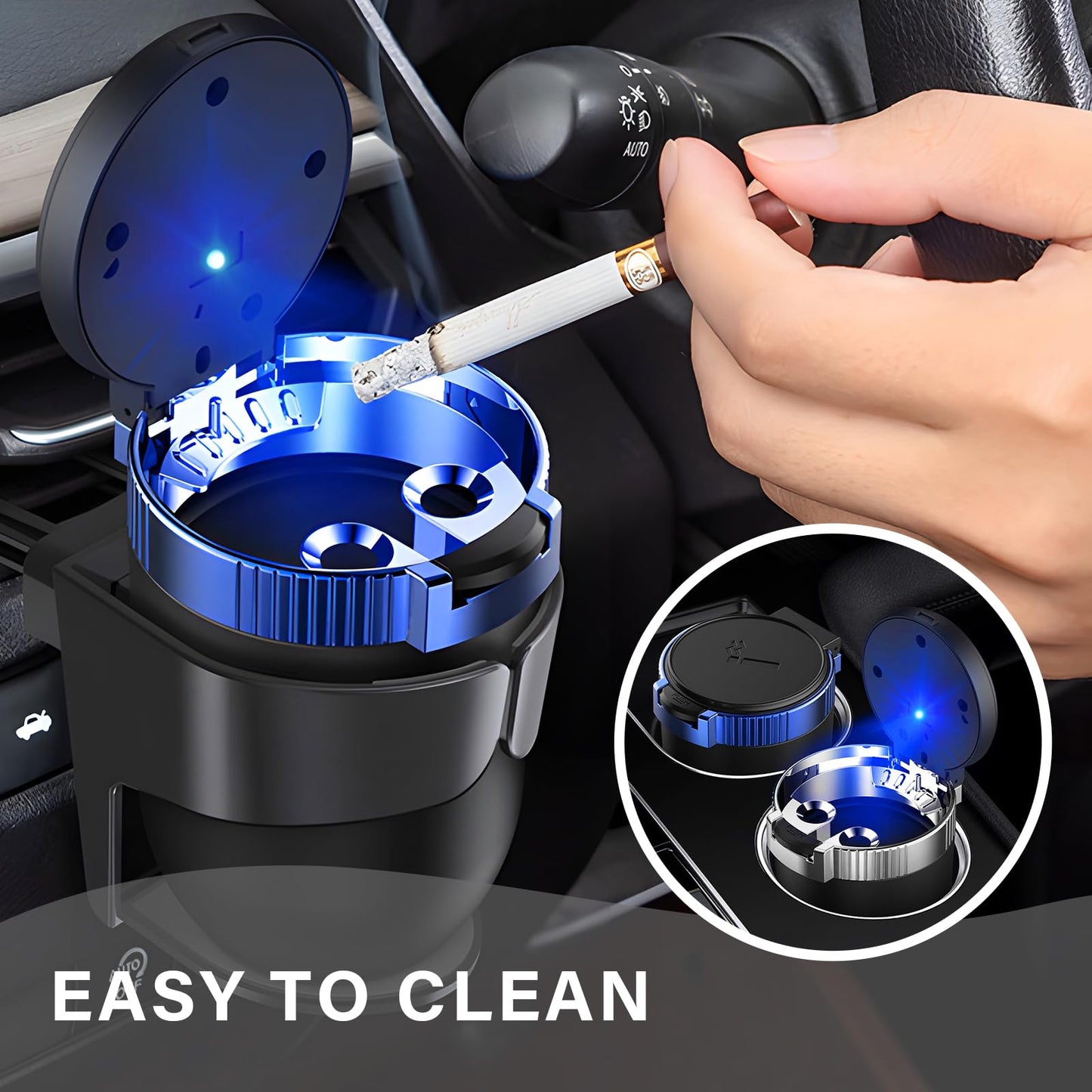 Cendrier de voiture Wevdn avec couvercle, cendrier automatique amovible sans fumée en acier inoxydable avec lumière bleue LED, mini poubelle portable pour porte-gobelet, accessoires intérieurs de véhicule universels (bleu)