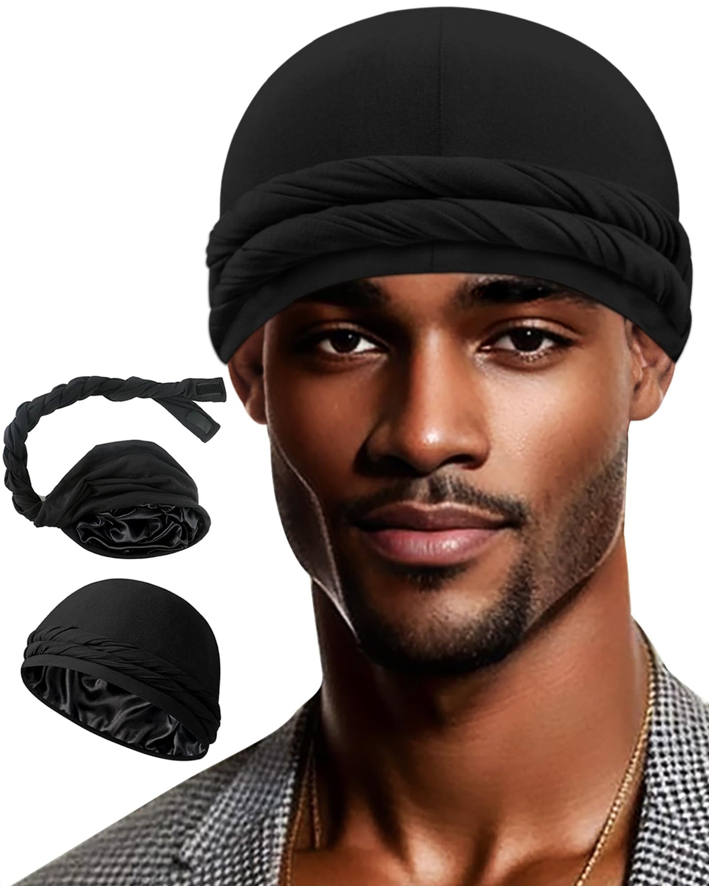 Adjustable Satin Lined Halo Turban Durag for Men &Women, Sleeping Bonnet, Beanie Hats, PRE-Tied Headwraps for Hair Loss Black