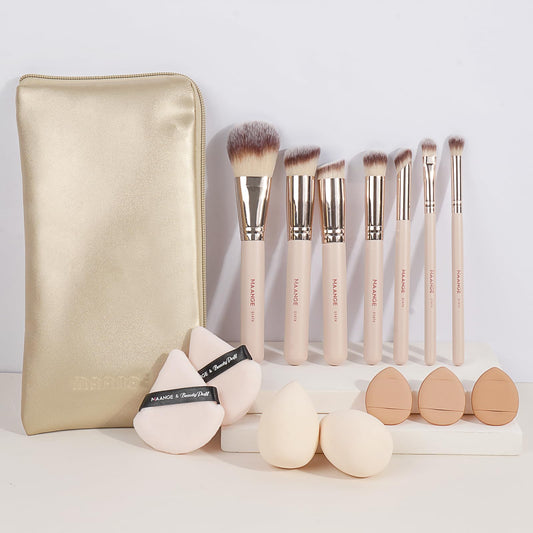 MAANGE Makeup Brush Set 15 Pcs Makeup Tool Set Premium Synthetic Foundation Powder Concealers Eye shadows Blush Brush Set with Makeup Brushes Bag (Beige)