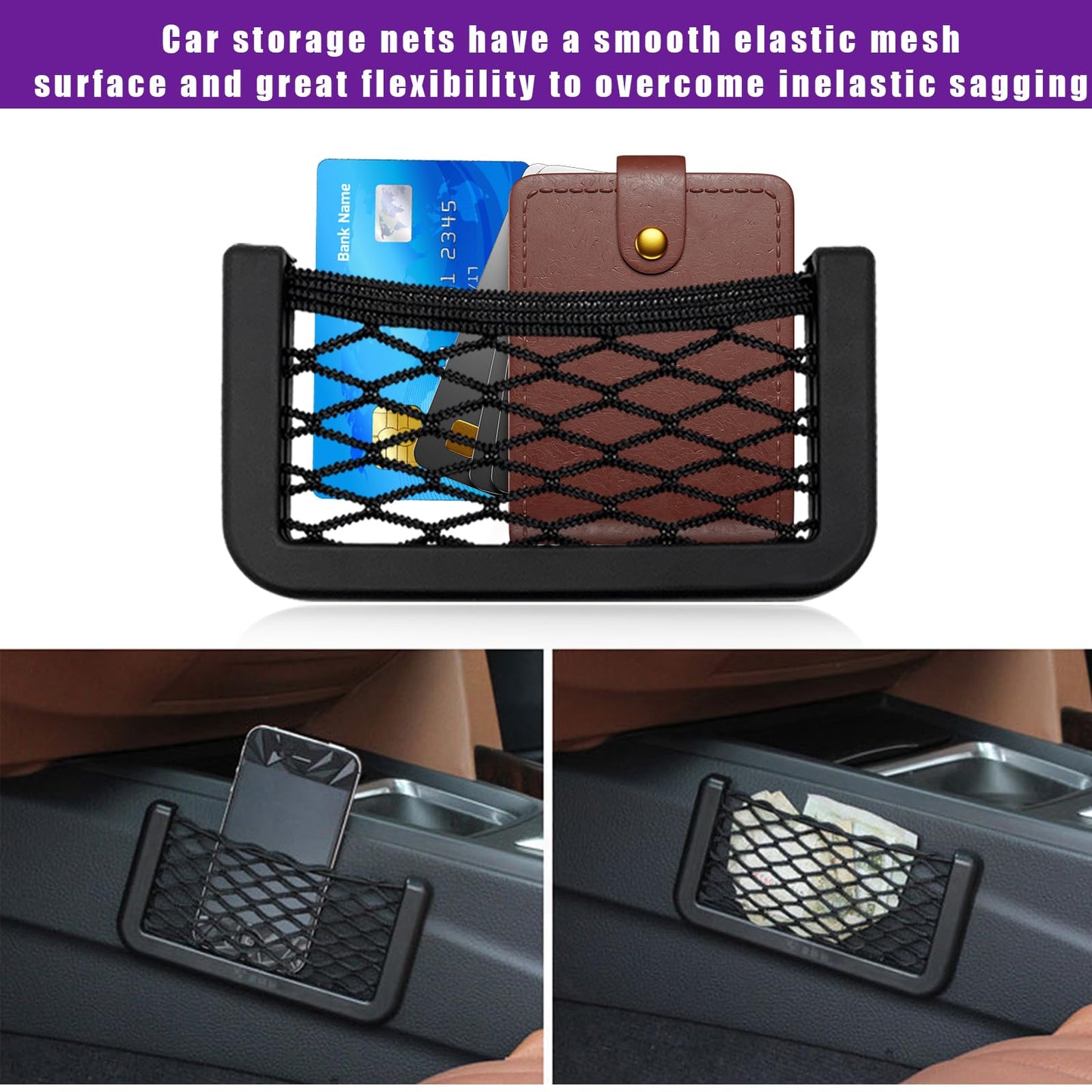 Dickno 2 PCS Car Pocket Phone Net, Universal Seat Side Storage Net Bag with Double Sided Tape, Automotive Frame Storage Net Pocket, Vehicle Interior Organizer for Phone Purse Bag