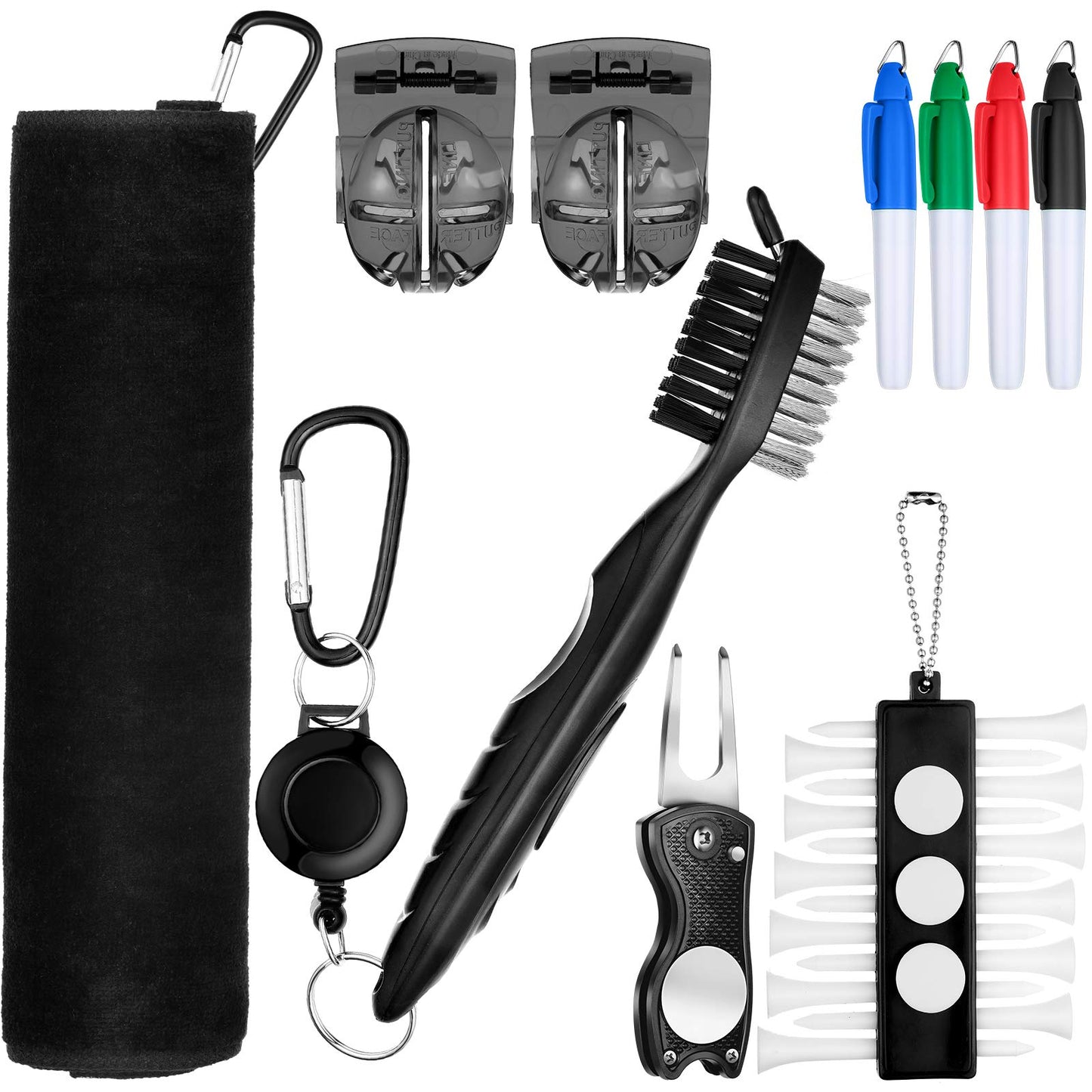 Sumind 22 Pcs Golf Club Cleaning Kit Golf Bag Accessory for Men Golf Include Cleaning Brush, Towel, Marking Pen, Golf Line Marker, Golf Tee Holder with Golf Tee, Golf Repair Tool(Black)