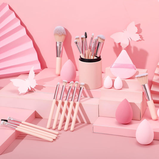 14 Pcs Small Travel Makeup Brush Set Portable Pink Make up Brushes with Case,5 Pcs Makeup Sponge,Valentine's Day Gift,Mother's Day Gift for Foundation Powder Concealers Eye Shadows(Pink)