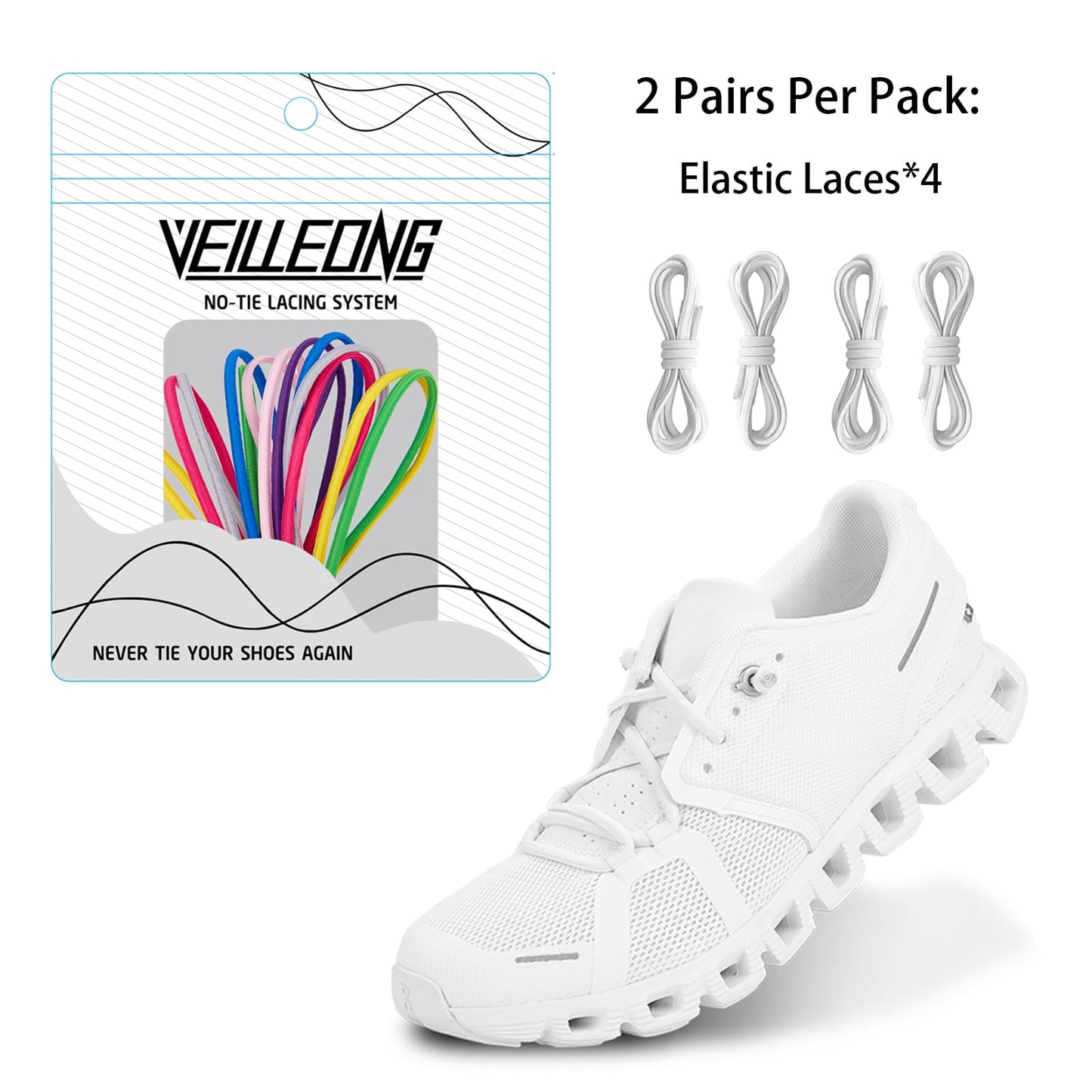 VEILLEONG 2 Pair Elastic No Tie Shoe Laces Tieless Shoelaces for Sneakers Shoes, One Size Fits All for Kids and Adults White