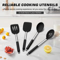 TeamFar Kitchen Utensils, 4 PCS Silicone Cooking Utensils Spatula Spoon Set with Stainless Steel Handle, for Frying Mixing Draining Turning, Healthy & Heat-proof, Non-stick & Dishwasher Safe - Black