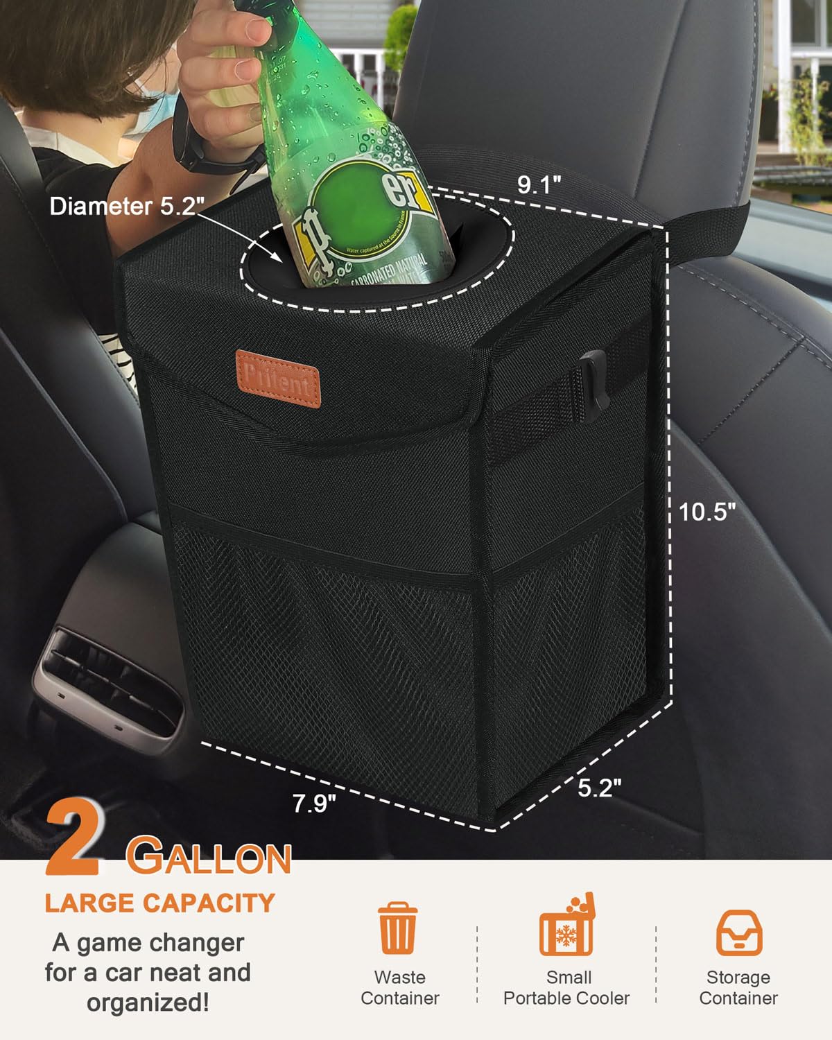 Pritent Car Trash Can with Lid, Cute Leakproof Car Trash Garbage Bag Hanging Vehicle Trash Bin Small Portable Automotive Garbage Cans Organizer for Back/Front Seat/Console(Trapezoid,Black)