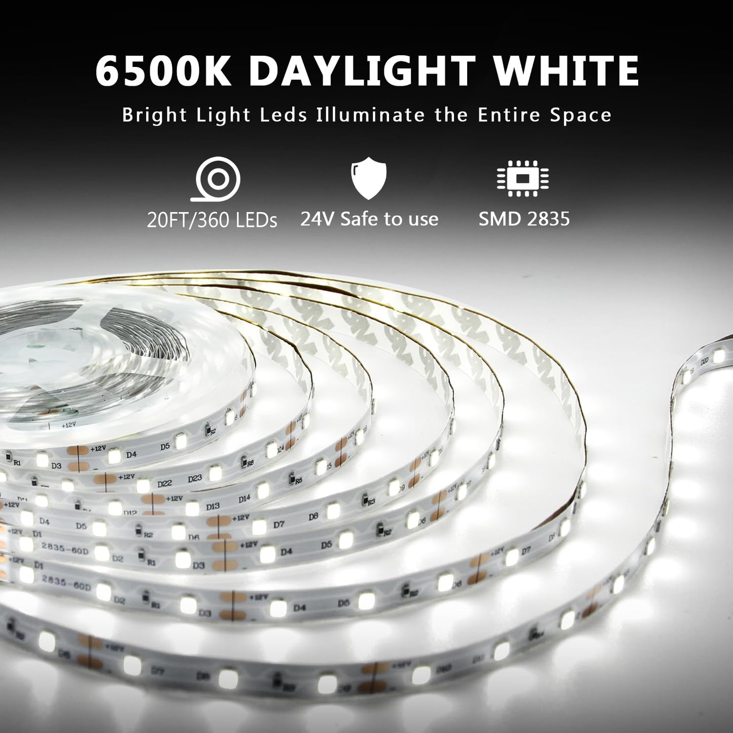 dalattin White LED Strip Lights, 20ft Dimmable Super Bright 24V Led Tape Light 6500K 360 LEDs Lights for Bedrooms, Mirror, Kitchen, Home Decoration Daylight White