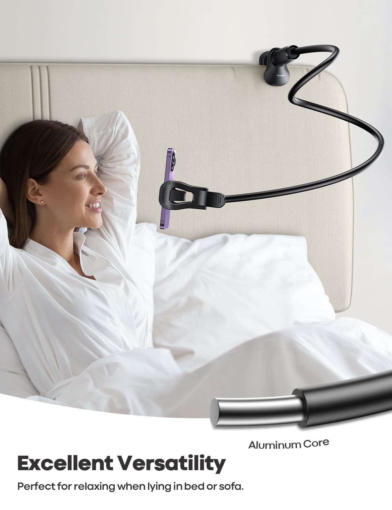 Lamicall Gooseneck Phone Holder for Bed - [Upgraded Stable Clip] for Desk, Headboard, Bed, Bedside, Table, Flexible Gooseneck Long Arm Stand, Overhead Cell Phone Clamp Mount, for All 4-7” Devices