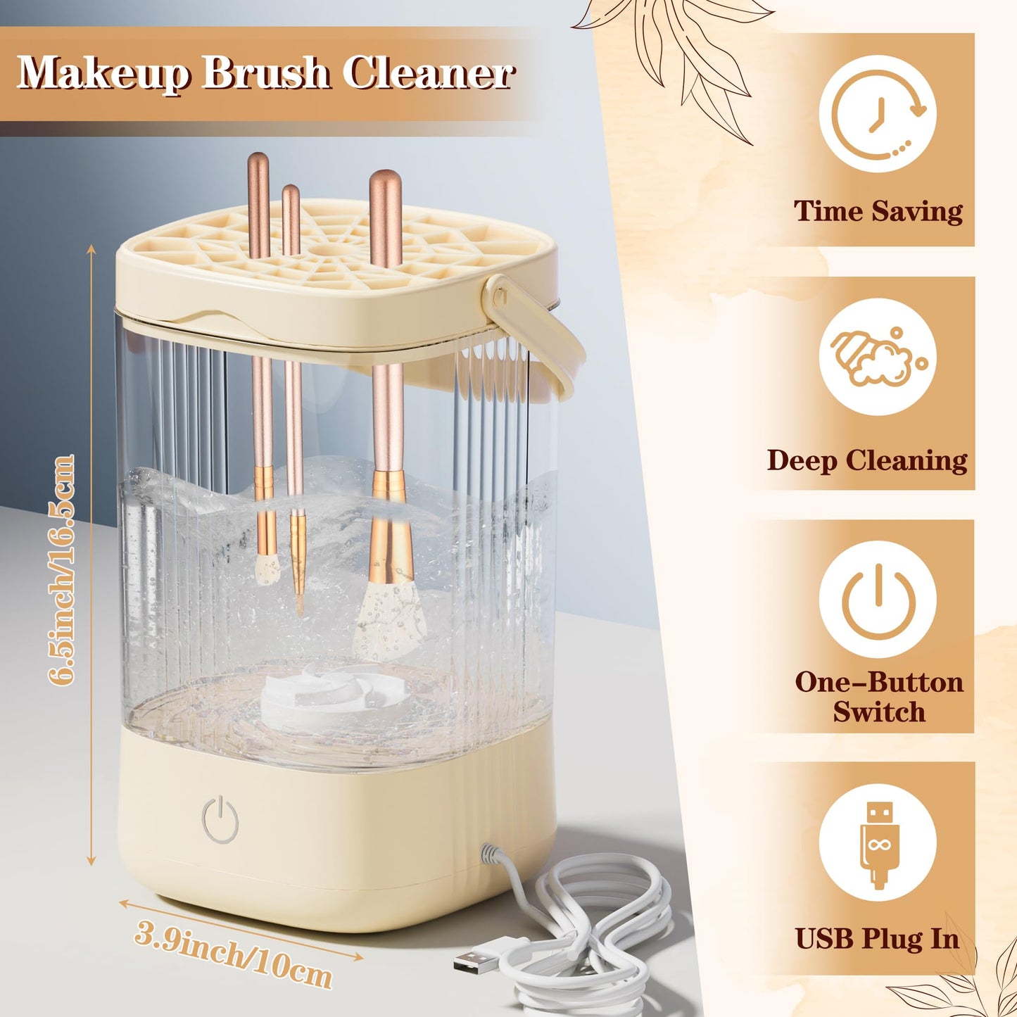 GQIRIL Electric Makeup Brush Cleaner - Portable Makeup Brushes Cleaning Machine, Automatic Spinning Cosmetic Brushes Washer, Make Up Brush Cleaner Tools for Most Sizes Brushes and Sponges (Beige)