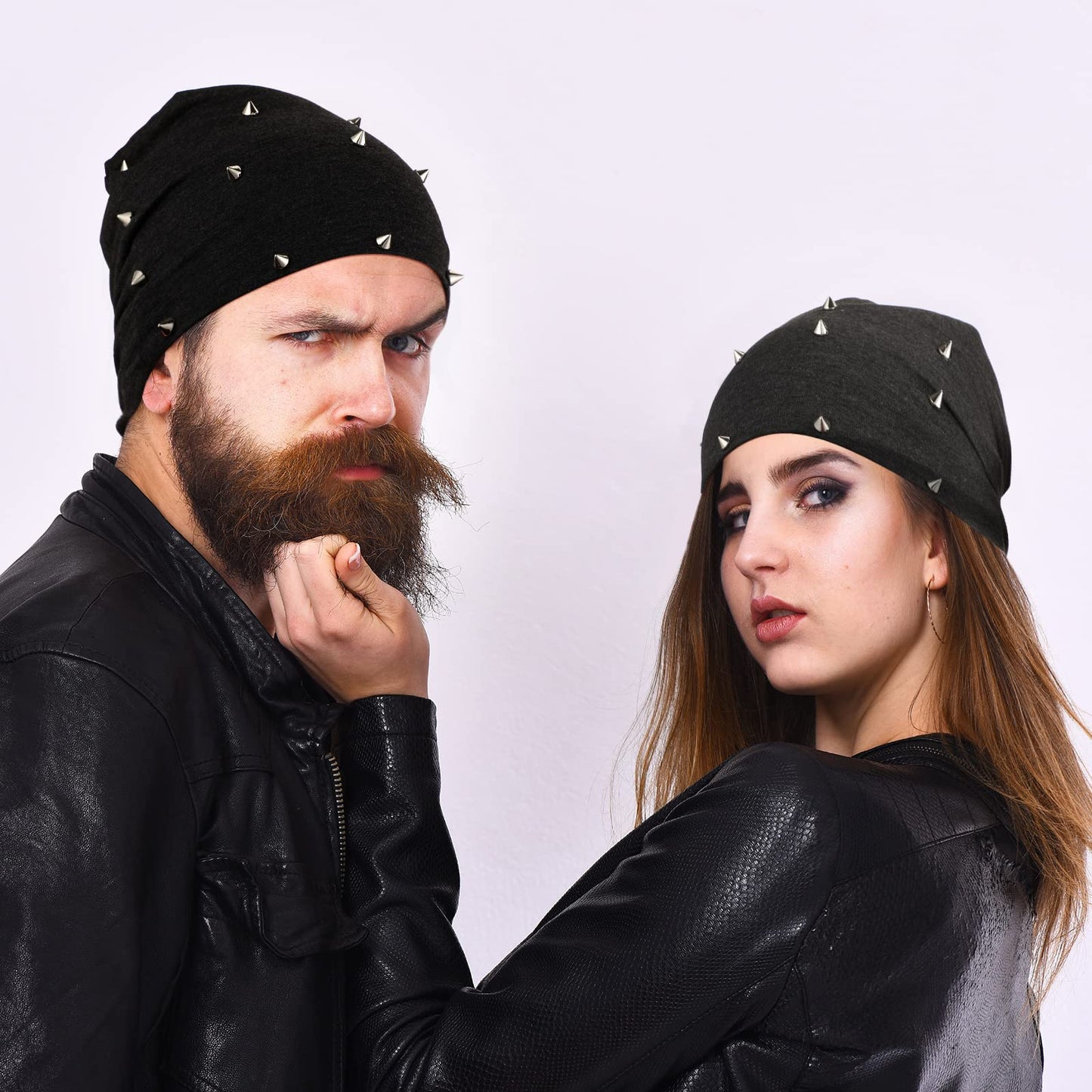 Winter Gothic Hat 2 Pieces Unisex Goth Beanie Rivet Rock Punk Hat Stud Spike Hats for Men Women, Black Gray (Rivet)