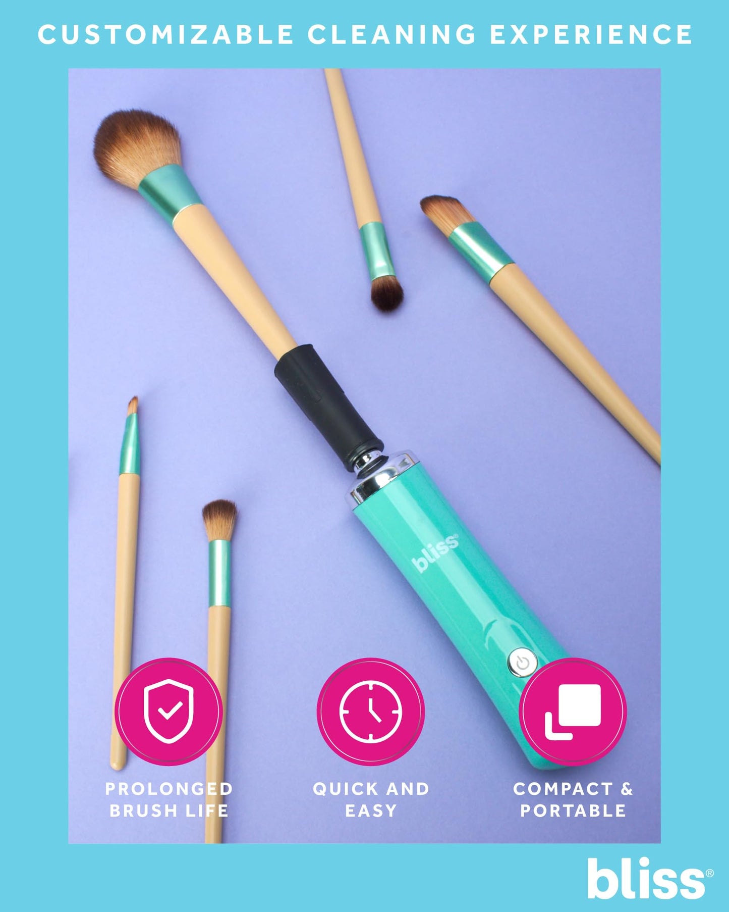 Bliss Electric Makeup Brush Cleaner - Automatic Spinning Quick Clean and Dry - Cosmetic Brush Cleaner with Adjustable Design, White/Mint Green