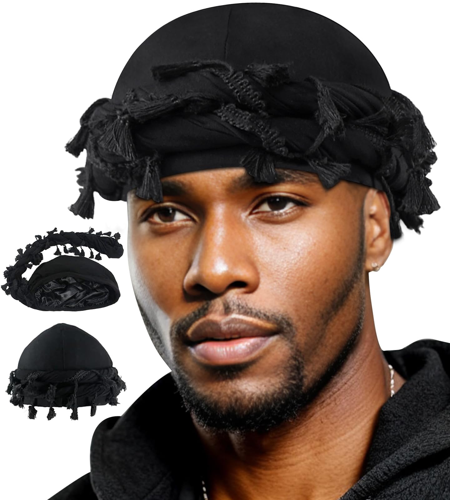 Babalet Halo Turban for Men Women Satin Lined Durag Head Wraps Scarf Skull Cap Pre-Tied Tassel Beanie Vintage Twist Sleeping Bonnet Headwraps Chemo Hair Loss Hat, Black