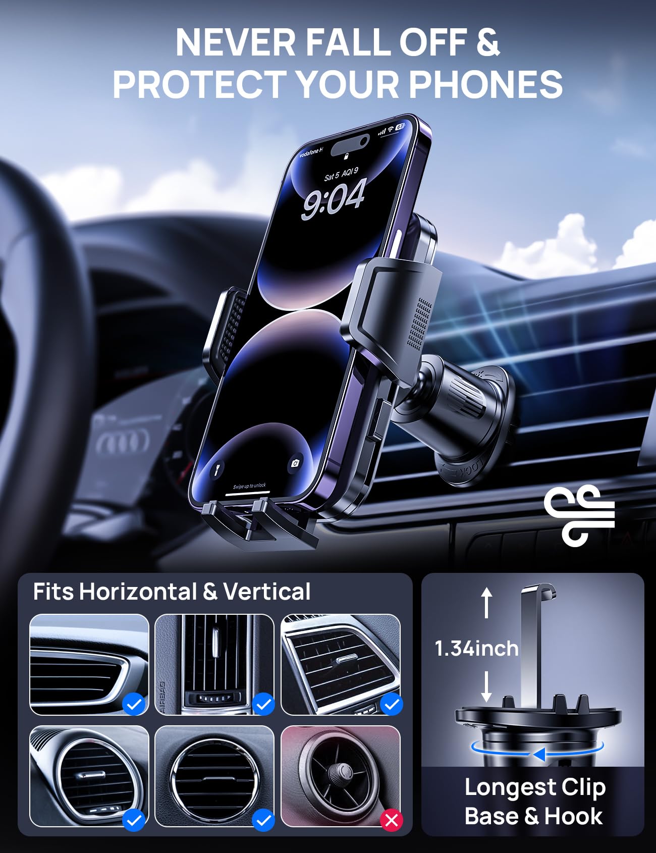 [2024 Newest] Car Vent Phone Mount, [Upgrade Hook Clip Never Shake] Adjustable 360 Rotation Vent Clip Car Phone Holder Mount, Big Phone & Thick Case Friendly Fit for All iPhone, Samsung & Cell Phone