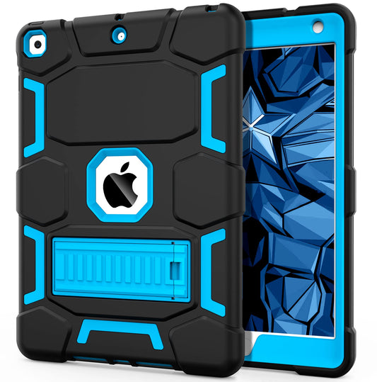 CCMAO iPad 9th Generation Case, iPad 8th/7th Generation Case, iPad 10.2 2021/2020/2019 Case with Kickstand, Heavy Duty Shockproof Hybrid Three Layer Protective Cover for Kids Boy Girl, Black+Sky Blue