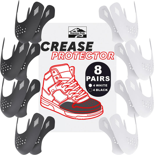 KP 8 Pairs Shoe Crease Protector | Crease Protectors for Dunk Low, Air Force 1, Jordan 1 + More | 4 White + 4 Black Pairs Crease Guards | Comfortable Sneaker Crease Protector | for Sizes 7-13 | Large