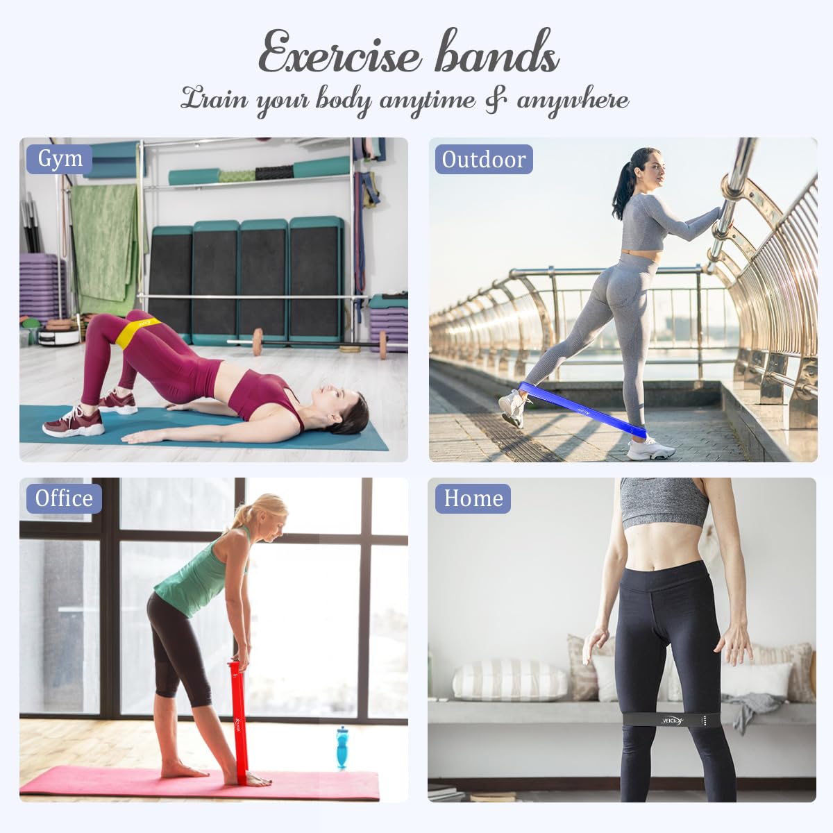 Bandes d'exercice en boucle de résistance VEICK, bandes d'entraînement élastiques pour hommes et femmes, lot de 5 bandes élastiques à différents niveaux de résistance pour le fitness à domicile, les étirements, la musculation, la physiothérapie