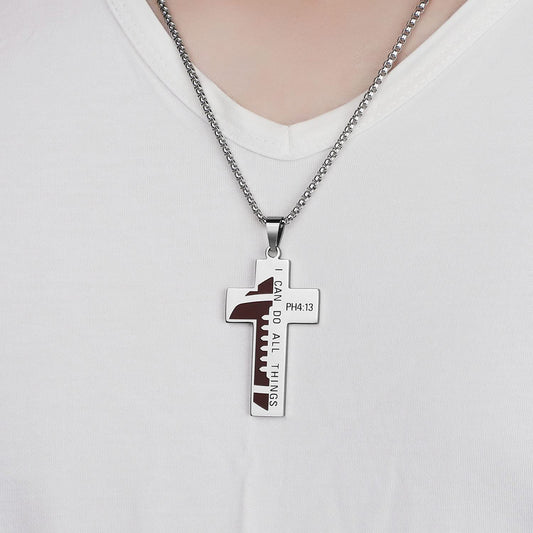 Susook Football Cross Necklace for Men Bible Verse I CAN DO All Things Stainless Steel Sport Pendant for Men(Silver)