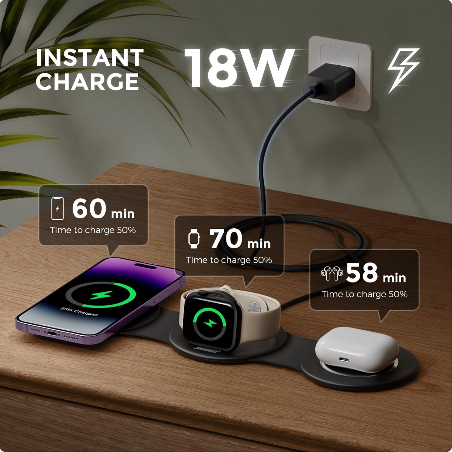 Station de charge 3 en 1 pour plusieurs appareils Apple, chargeur sans fil de voyage pliable 18 W pour iPhone 16 15 14 13 Pro Max Plus et Apple Watch Series/Airpods