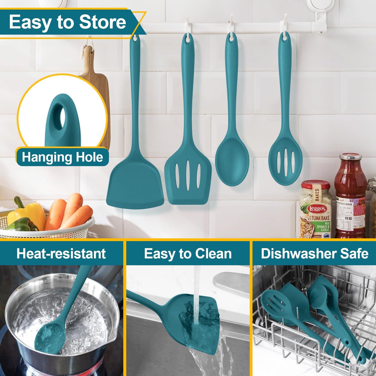 P&P CHEF Blue Kitchen Utensil Set, 4 Pieces Non-stick Silicone Cooking Utensils, Heat-resistant Slotted Solid Spoon Turner for Frying, Mixing, Serving, Non-toxic & Easy to Clean