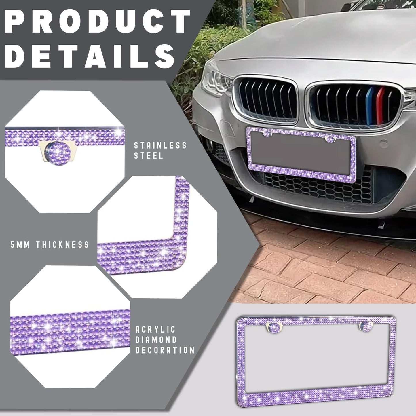 Piburth Bling Car License Plate Frame, Sparkly Rhinestone Stainless Steel License Plate Cover, Universal for Most Cars, SUVs, Vehicles with Screw Set, Auto Accessories for Women (Purple, 1PCS)