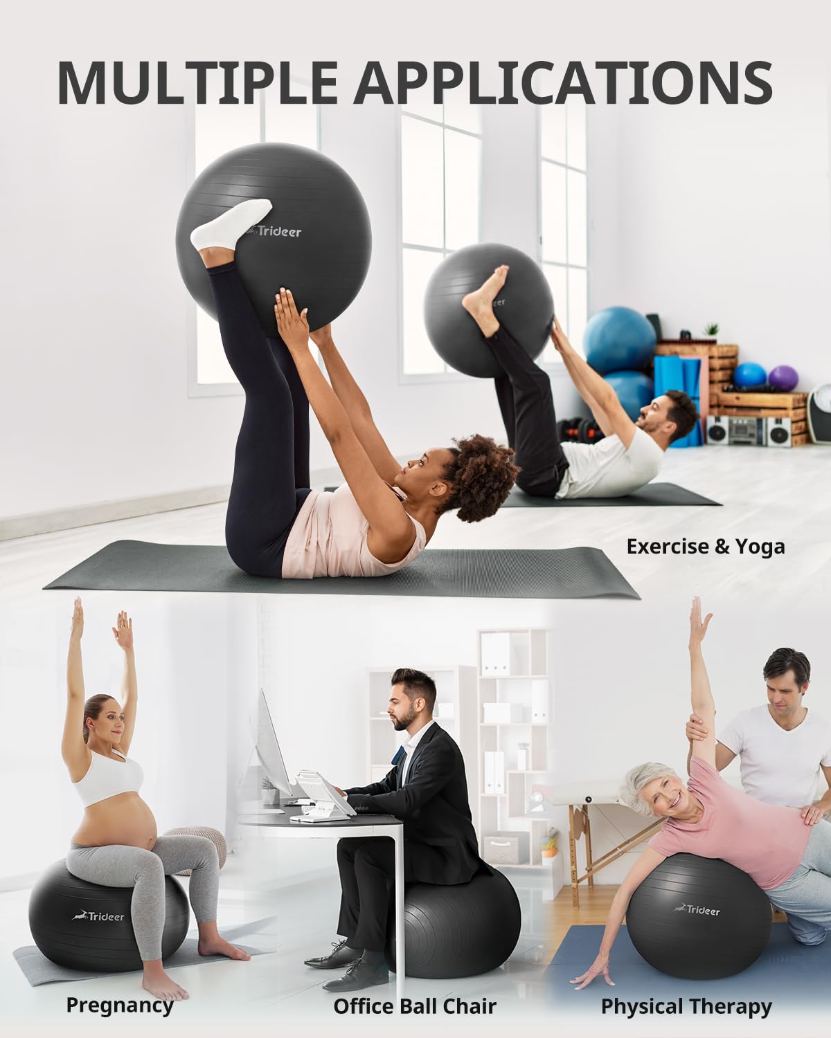 Trideer Yoga Ball Exercise Ball for Working Out, 5 Sizes Gym Ball, Birthing Ball for Pregnancy, Swiss Ball for Physical Therapy, Balance, Stability, Fitness, Office Ball Chair, Quick Pump Included