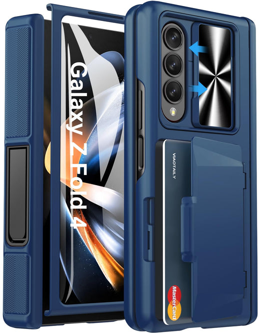 Viaotaily Kickstand Designed for Samsung Galaxy Z Fold 4 Case, Built-in Card Holder & Camera Cover & Hinge Protection, Upgrade Shockproof Durable Wallet Rugged Phone Case for Galaxy Z Fold4 2022,Blue