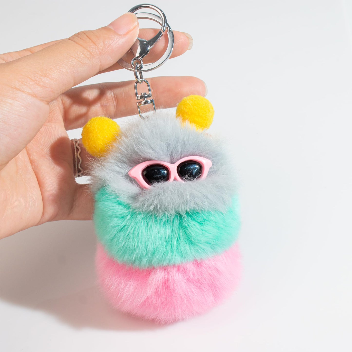 Caterpillar Worm Keychains, Pom Pom Cute Funny Plush Ring Accessories for Backpack Wristlet Car Keys Balls Decor Handbag, Charger Girly Frost Mint Llaveros Para Mochilas Charm for Girl Teen Women (D)