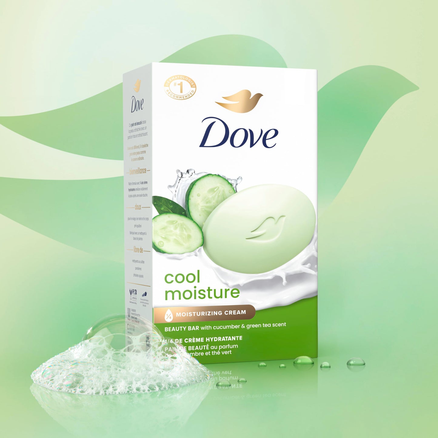 Dove Beauty Bar Soap Cool Moisture Cucumber & Green Tea Scent, 8 Bars for Refreshed Skin, Leaves Skin Refreshed 3.75 oz