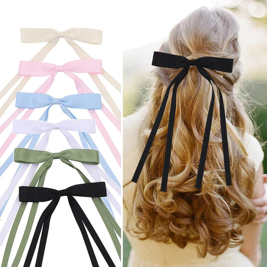 Purggy 6 Pcs Hair Bows for Women Clips -Hair Ribbon Bowknot Tassel Claw Barrettes with Long Tail for Women and Girls Hair Accessories