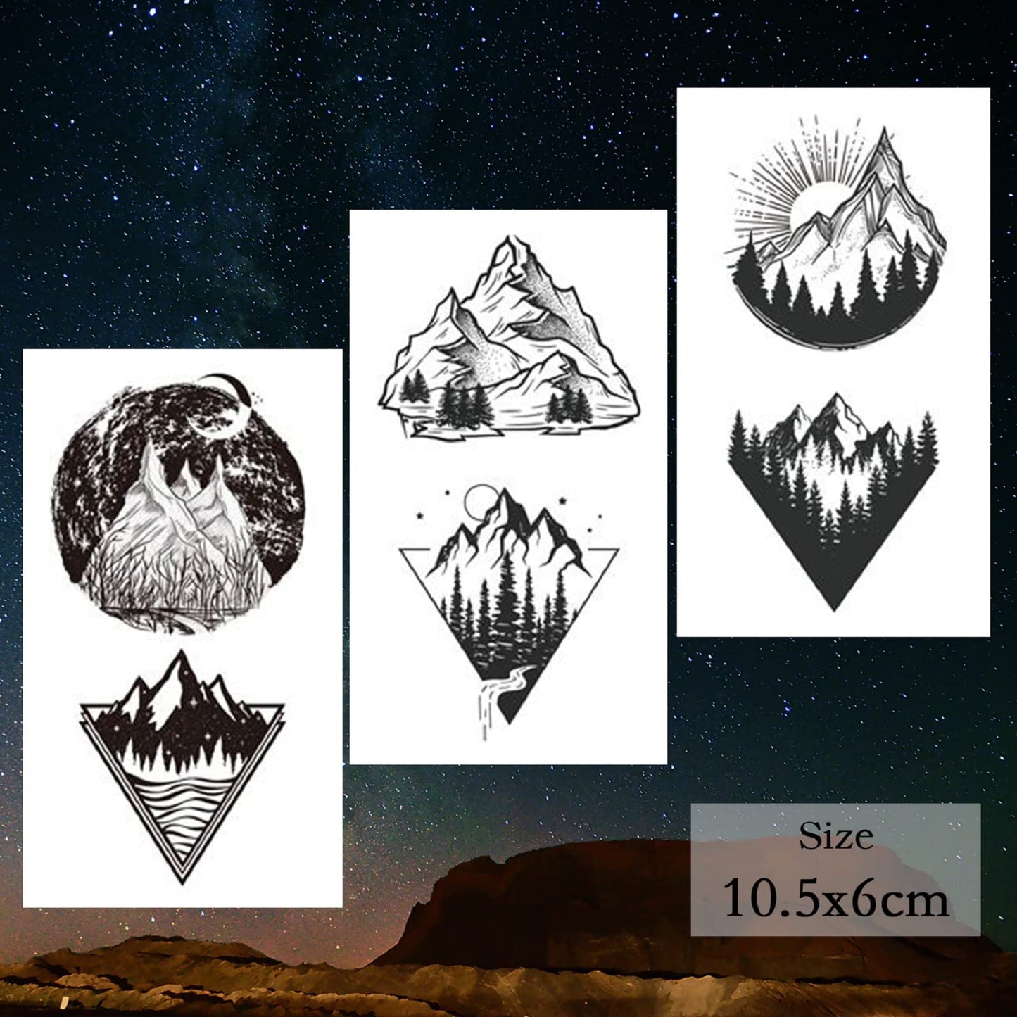 Hotoyannia 62 Sheets Mountain Temporary Tattoos Stickers, Including Fake Tattoos Waterproof Black Geometry Sun Star Moon Tree Triangle Sea Wave Semi Permanent Tattoos for Adult and Kids