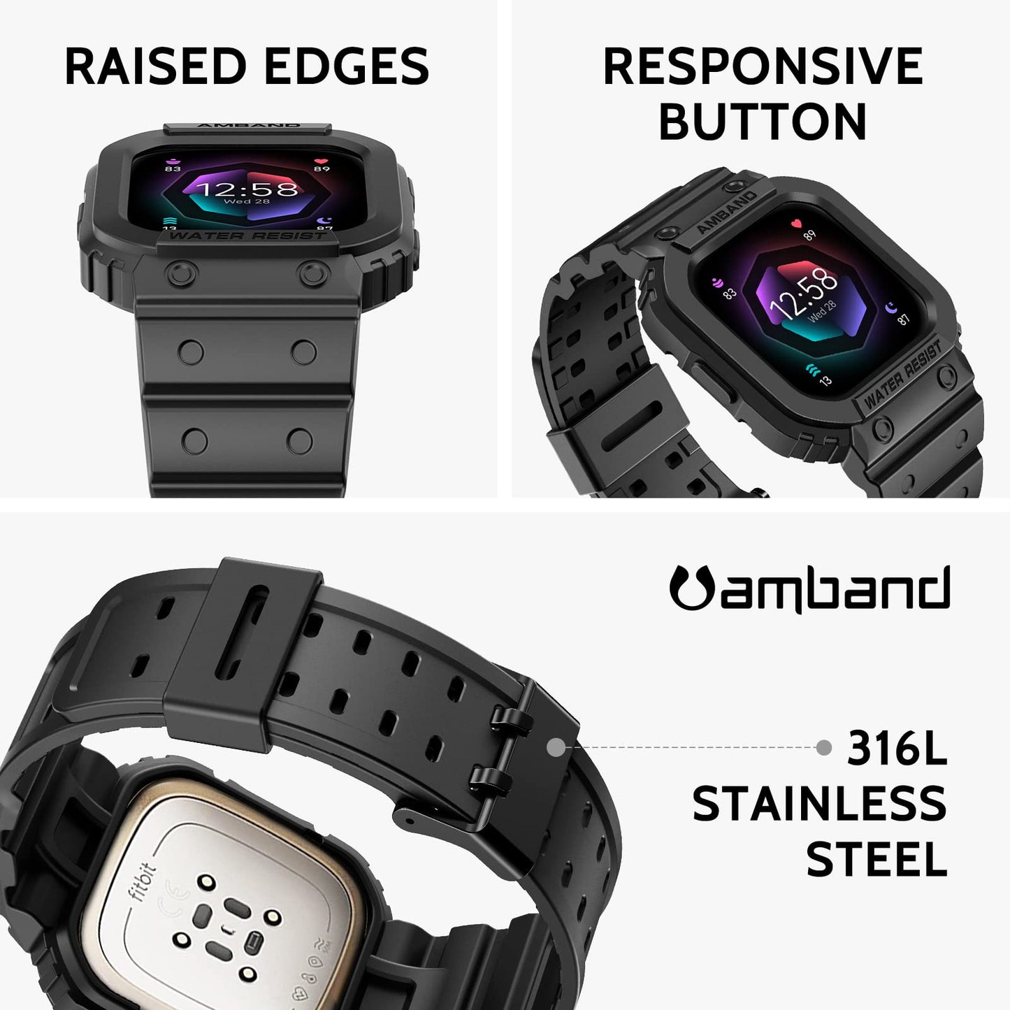 amBand Compatible for Fitbit Versa 4/3/2/ Fitbit Versa Lite/Fitbit Sense 2/ Fitbit Sense Bands with Case, Protective Smartwatch Case Strap Rugged Sport Protector Wristbands Men Black