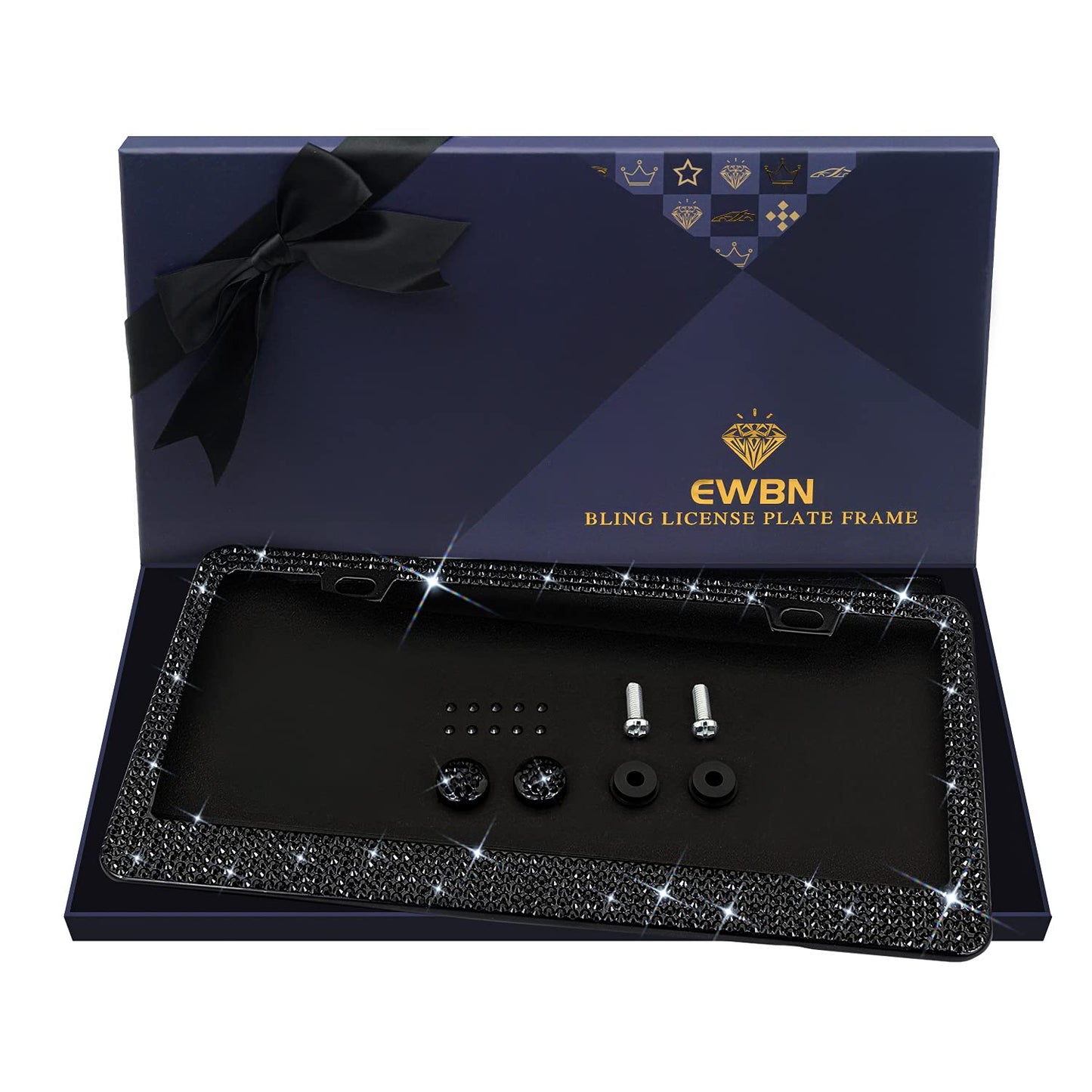 Cadre de plaque d'immatriculation en strass pour femme, cadres étincelants en diamant | Cadres en acier inoxydable et plus de 1 200 cristaux de verre noir à 14 facettes de qualité supérieure + coffret cadeau (noir)