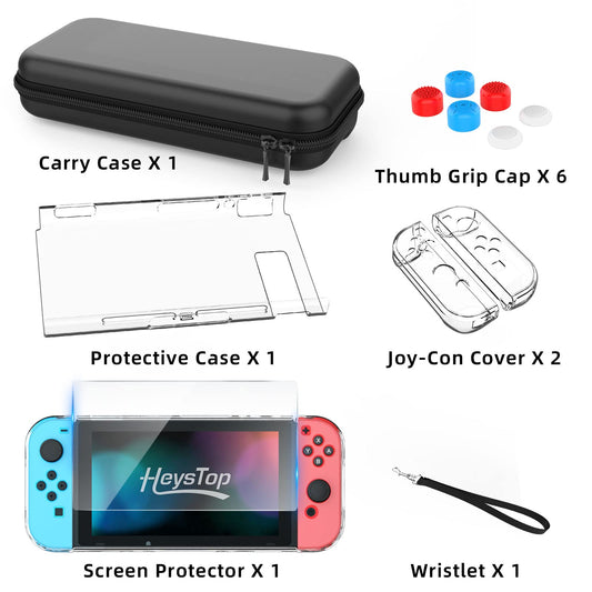 HEYSTOP Switch Case Compatible with Nintendo Switch, 9 in 1 Switch Accessories kit with Carrying Case, Dockable Protective Case, HD Screen Protector and 6pcs Thumb Grips Caps