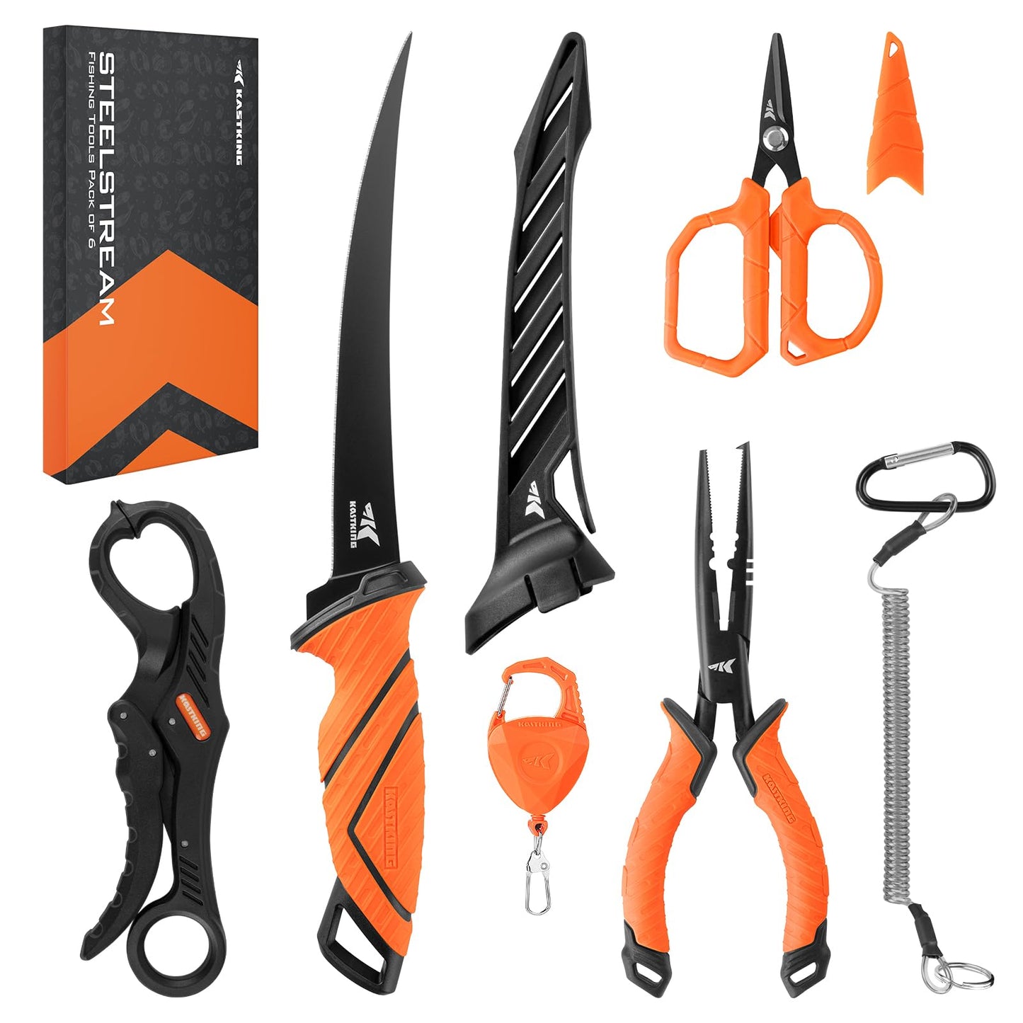 KastKing SteelStream 6pc Fishing Tool Kit - Corrosion Resistant Fishing Pliers with Lanyard, Fillet Knife, Floating Fish Lip Gripper, Fishing Braid Scissors, Tool Retractor, Fishing Gifts for Men