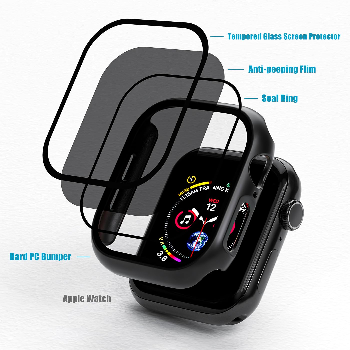 KUYUBMINYR 2 Pack Privacy Case for Apple Watch Screen Protector, Anti-Spy Tempered Glass Film Apple Watch Cover Hard PC Case Bumper for iWatch Series 10 - Black/Black 46mm