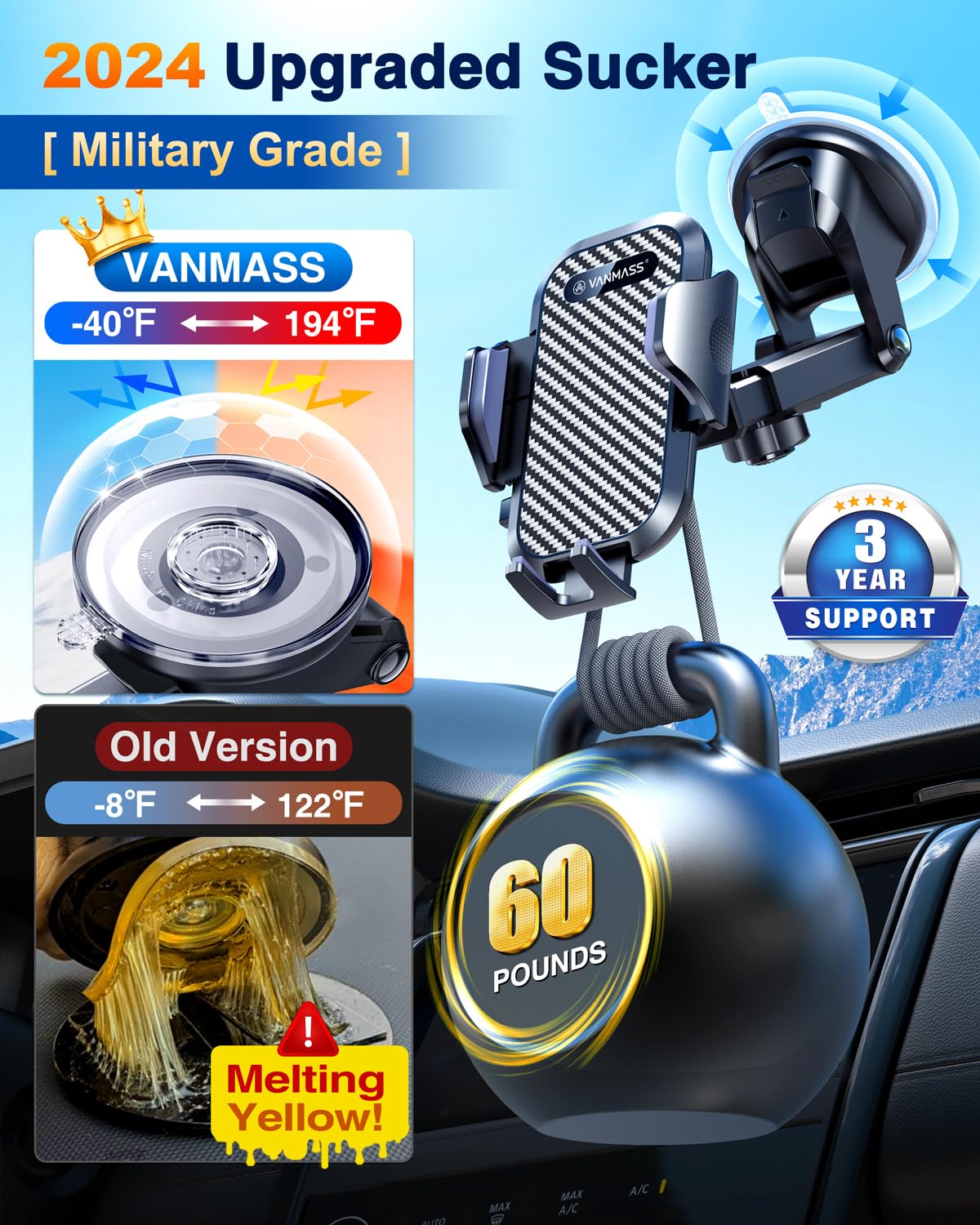 VANMASS [Longest Lasting] True Military-Grade Car Phone Holder Strongest Suction & Clip Cell Mount Dashboard Windshield Vent Automobile Cradle Truck Accessories for iPhone 16 15 Pro Max 14 13 Android