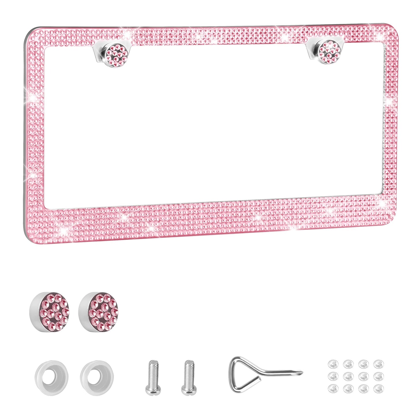 Cadre de plaque d'immatriculation Bling JAGASOL, cadres de plaque d'immatriculation en acier inoxydable de qualité supérieure avec strass pour hommes et femmes, capuchons en cristal scintillants, rose