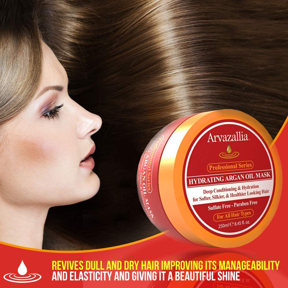 Arvazallia Hydrating Argan Oil Hair Mask and Deep Conditioner for Dry or Damaged Hair (8.45 oz Jar)