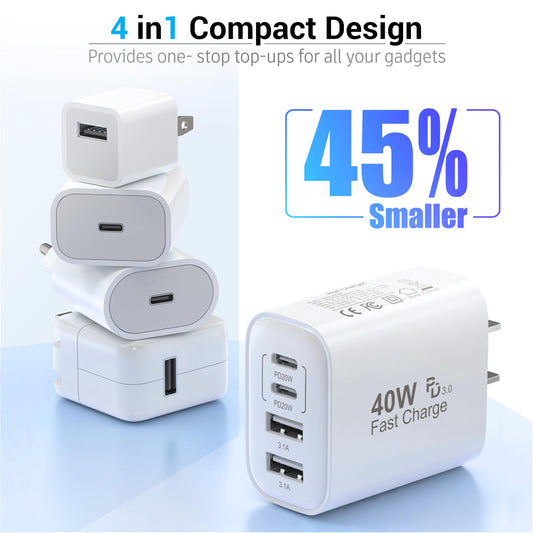 USB C Block 40W, 4 Ports Wall Plug Fast Charging Block, PD+QC Multiport Power Adapter USB C Charger Type C for iPhone 16,15,14,13,12,11, Pro Max, X, Xr, Xs, 8, 7, Watch, Galaxy Phones (White 1Pack)